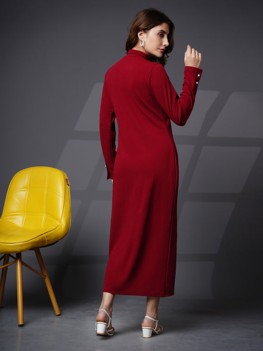 Woman turtle neck slit open dress Maroon