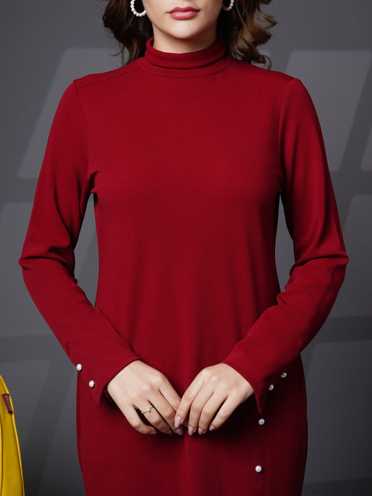 Woman turtle neck slit open dress Maroon