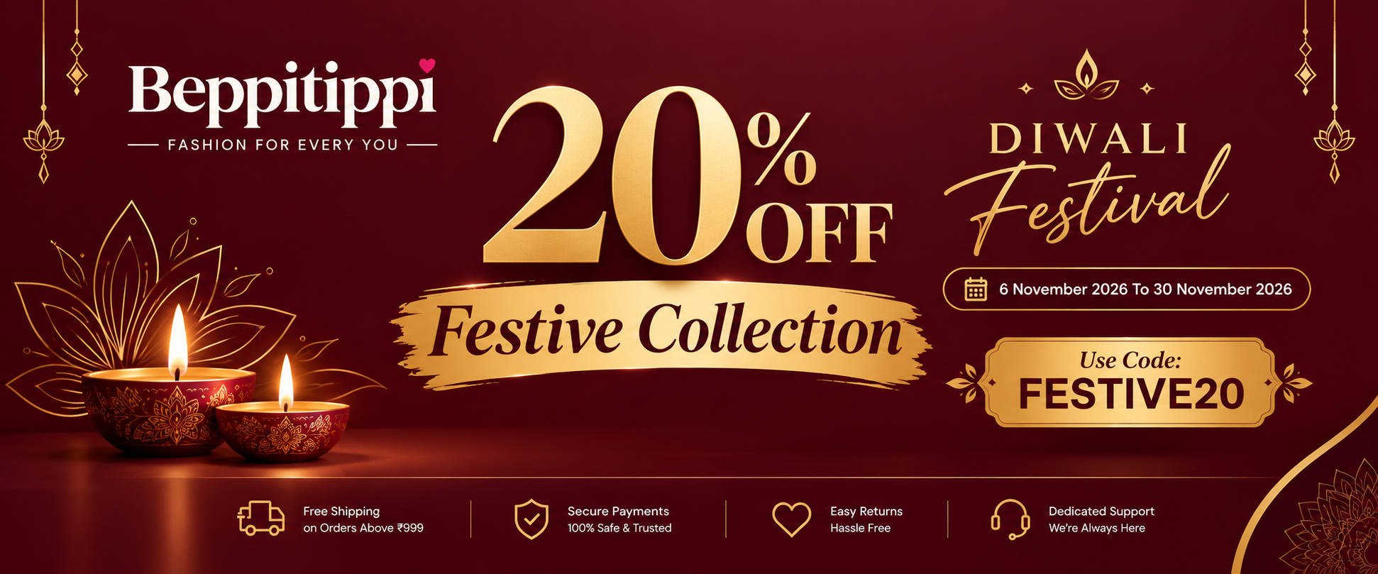 Beppitippi Diwali Festive Collection 20% OFF Banner